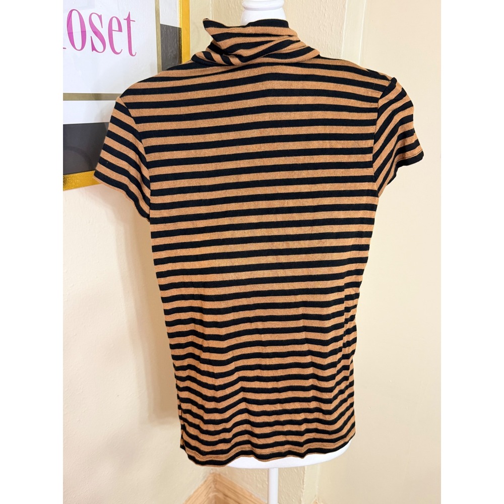 Elan Womens Tan Black Striped Turtleneck Short Sleeve Top Size M NWT
